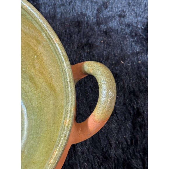 Handcrafted Rustic Terracotta & Olive Green Ceramic Bowl With Handles Glazed - Picture 4 of 9